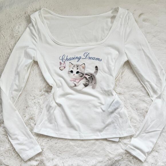 Dazy Tops - Dazy Women's White Kitten Tee